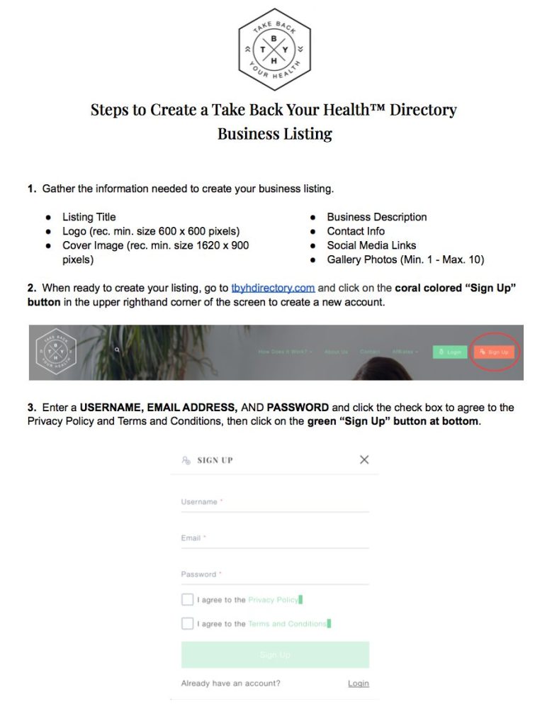 Image of first page of instructions to create a business listing in the TakeBack Your Health Directory